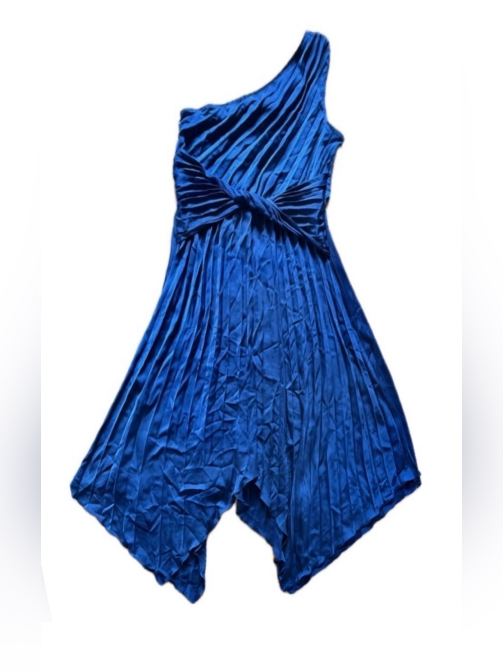 Pretty Garden Dress One Shoulder, Pleated, Handkerchief Hem Royal Blue Size L